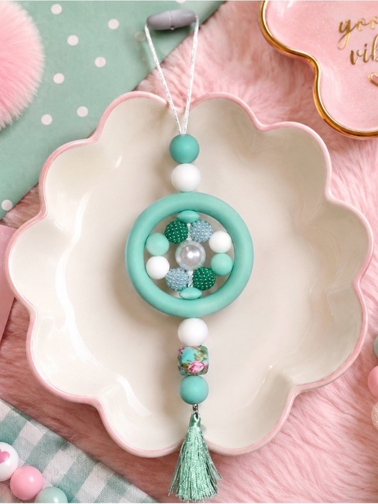 Hand Crafted Accessories - Handmade Agua and White Beaded Car Charm